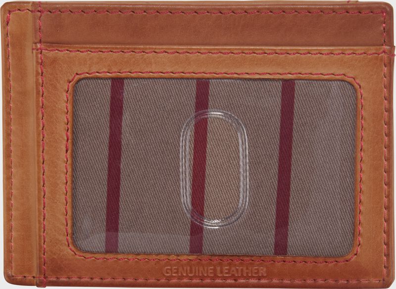Back side of a tan Rawlings Double Play front pocket wallet with a clear ID window