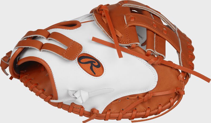Thumb view of a white RLACM33FPWO Liberty Advanced color series 33-inch catcher's mitt with orange trim and Modified H web