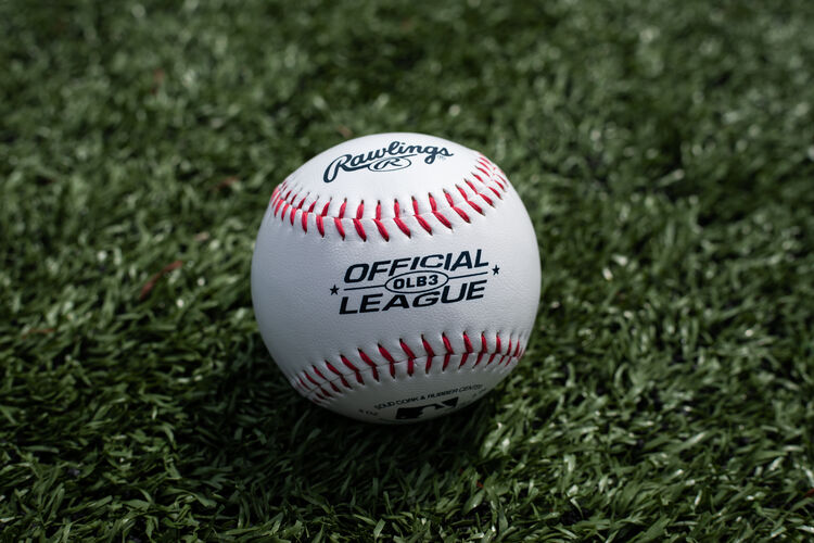 A Rawlings Official League recreational ball lying on a field - SKU: OLB3