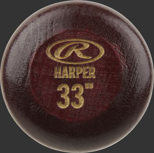 Wine red knob of a Rawlings Bryce Harper Pro Label wood bat with an engraved Oval-R and 33" size - SKU: BH3PL