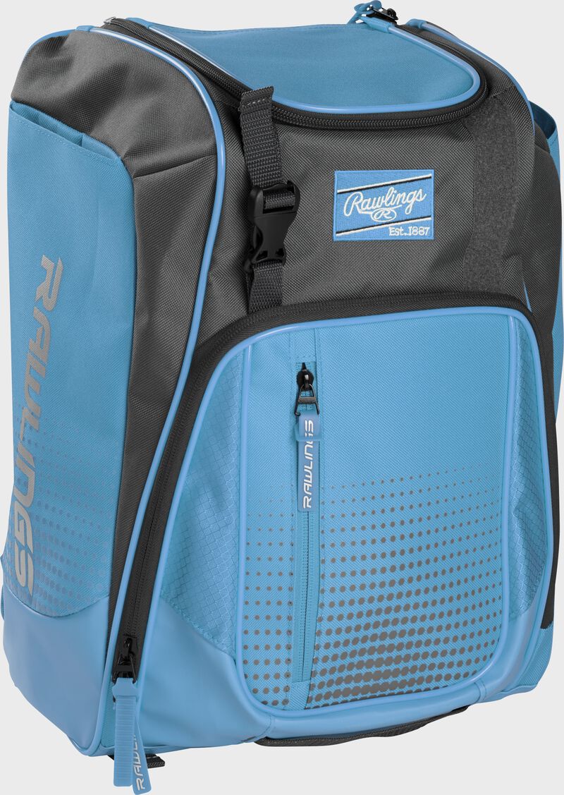 Front left angle of a Columbia blue Rawlings Franchise bag with gray accents - SKU: FRANBP-CB