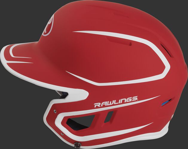 MACH senior Rawlings batting helmet with a two-tone matte scarlet/white shell