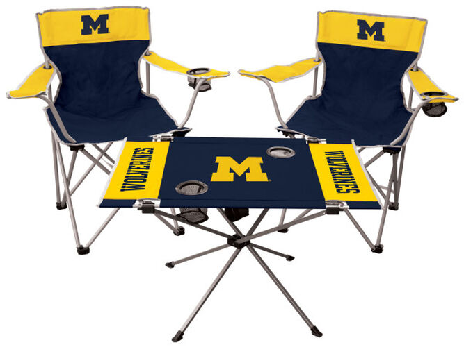 Front of Rawlings Blue and Maize NCAA Michigan Wolverines 3-Piece Tailgate Kit With Two Kickoff Chairs, An Endzone Table, And A Transport Bag With Team Logo SKU #00993083511