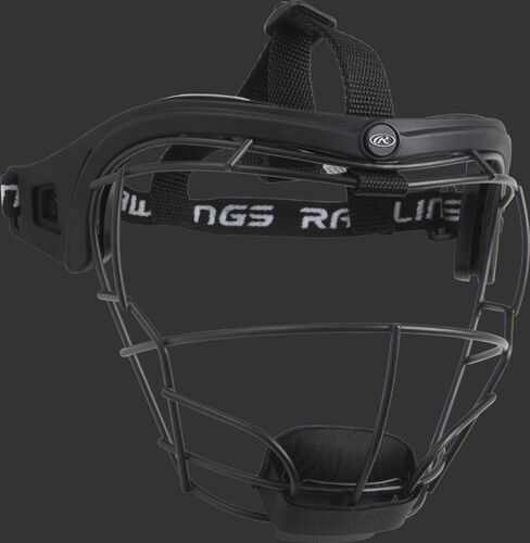 Side of Rawlings Black Softball Fielders Mask With Brand Name Strap SKU #RSBFMJ-B