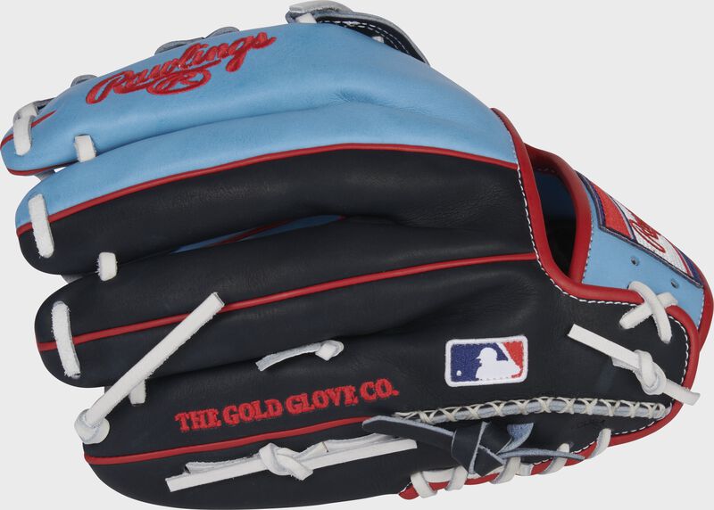 Navy/Columbia blue back of a HOH R2G ColorSync 6.0 12.25-Inch glove with hand-sewn welting and MLB logo on the pinky - SKU: PRORKB17CB