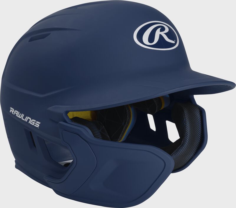 Front right-side view of Mach Left Handed Batting Helmet with EXT Flap| 1-tone, Navy loading=