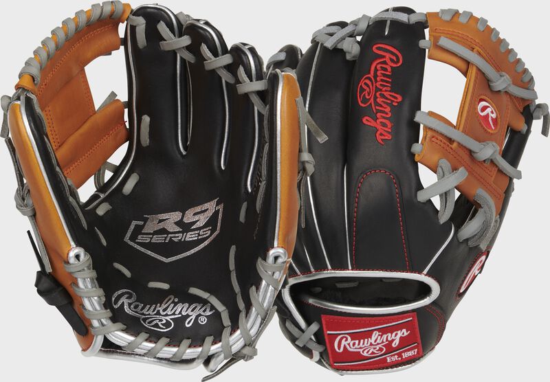 Front & back of a Rawlings R9 ContoUR 11.25" baseball glove - SKU: R9125U-2BT loading=