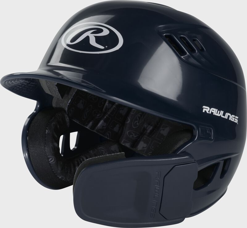 Front left-side view of Navy R16 Reverse Clear Coat Batting Helmet | Junior & Senior - SKU: RSGR6R00