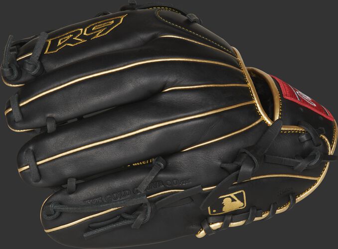 Black finger backs of a Rawlings R9 series infield/pitcher's glove with the MLB logo on the pinkie - SKU: R9206-9BG