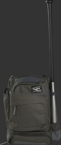 Front of a gray R701 Rawlings backpack with one bat in the bat sleeve
