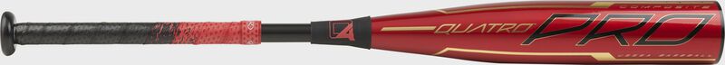 Barrel of a red UTZQ10 2020 Quatro Pro USSSA bat with black/gold accents