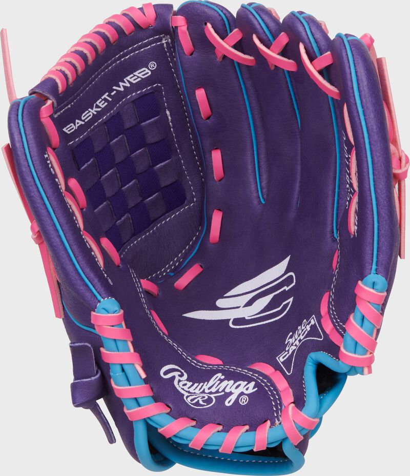 Palm of a purple/Columbia blue/pink Sure Catch Softball 11-inch Youth Softball Glove