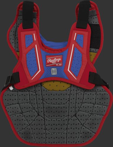 Back harness of a scarlet/royal CPV2N adult Velo 2.0 chest protector with Dynamic Fit System 2.0