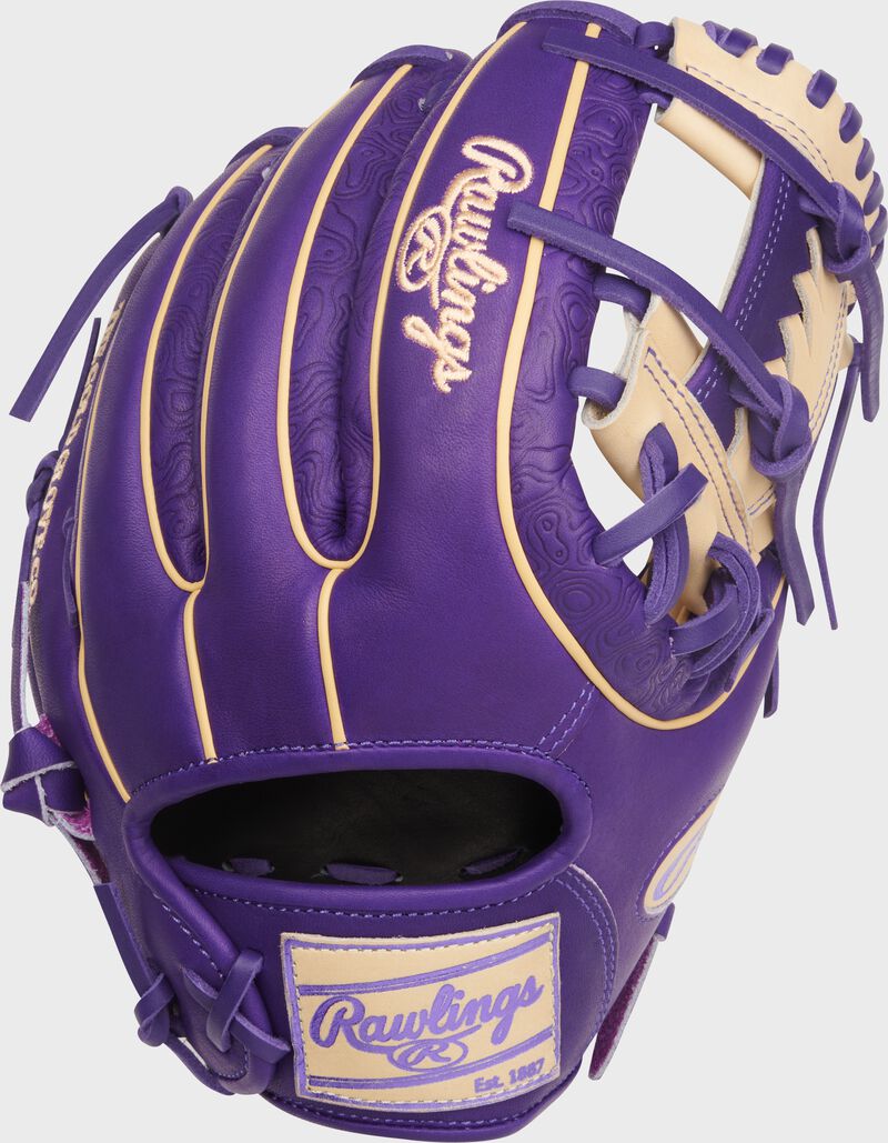 Purple back of a Heart of the Hide 11.75-Inch Purple Infield Glove with a camel Rawlings patch