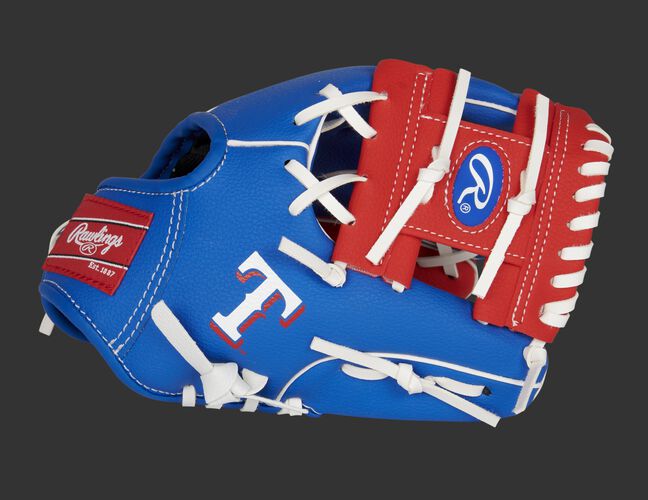 Thumb of a blue/red Texas Rangers 10-inch team logo glove with a red I-web and "T" logo on the thumb - SKU: 22000022111