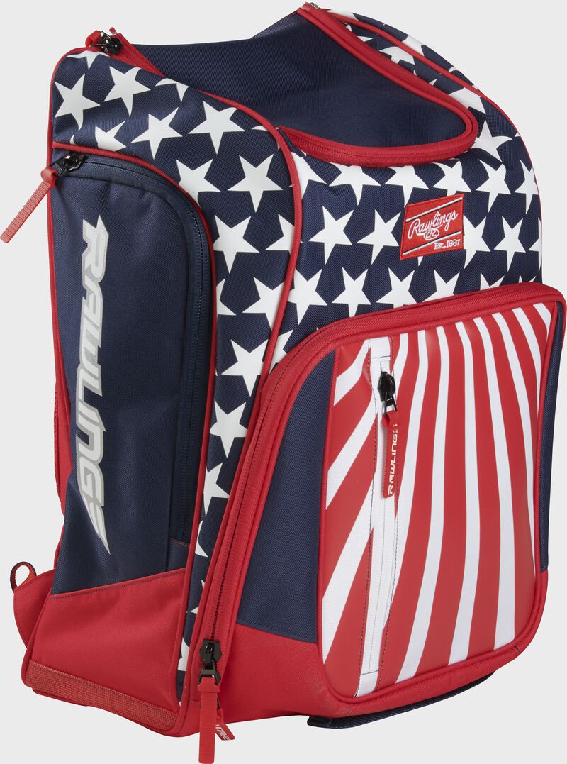 A red, white, and blue Rawlings Legion Backpack - SKU: LEGION