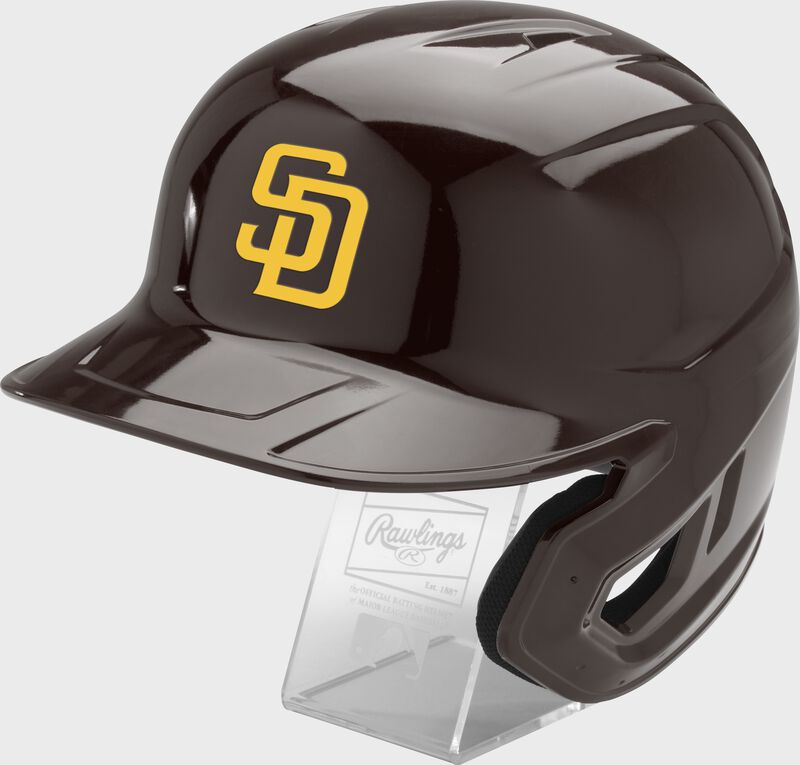 Front left of a brown Rawlings San Diego Padres replica helmet - SKU: MLBMR-SD