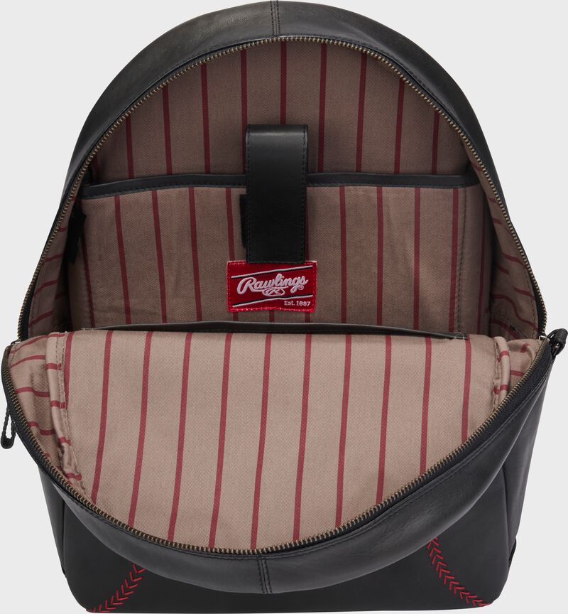 Inside view of a black Rawlings Double Play mini backpack