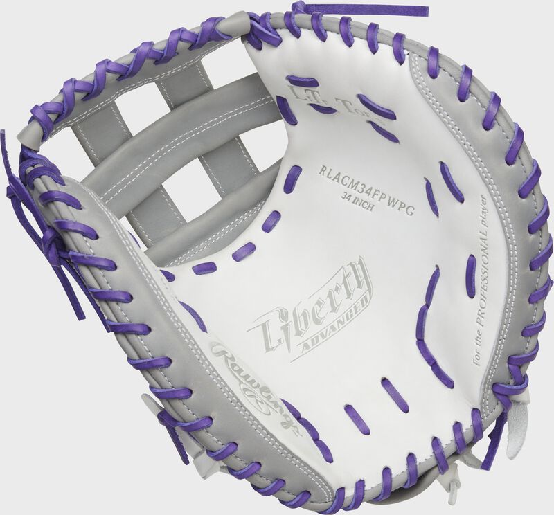White palm of a Rawlings Liberty Advanced Color Series catcher's mitt with purple laces - SKU: RLACM34FPWPG