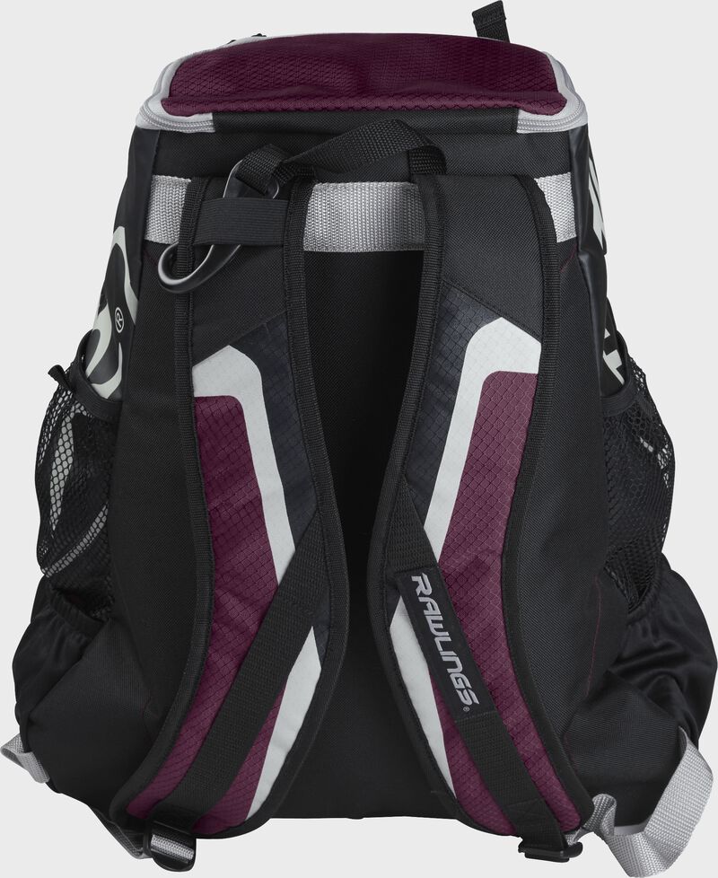 Back of black/maroon R500 Players team backpack with black/maroon shoulder straps