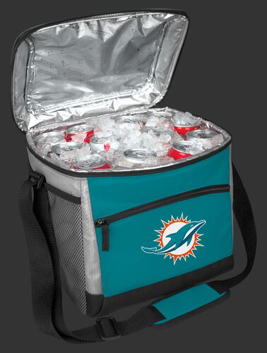 An open Miami Dolphins 24 can cooler filled with ice and drinks - SKU: 10211074111