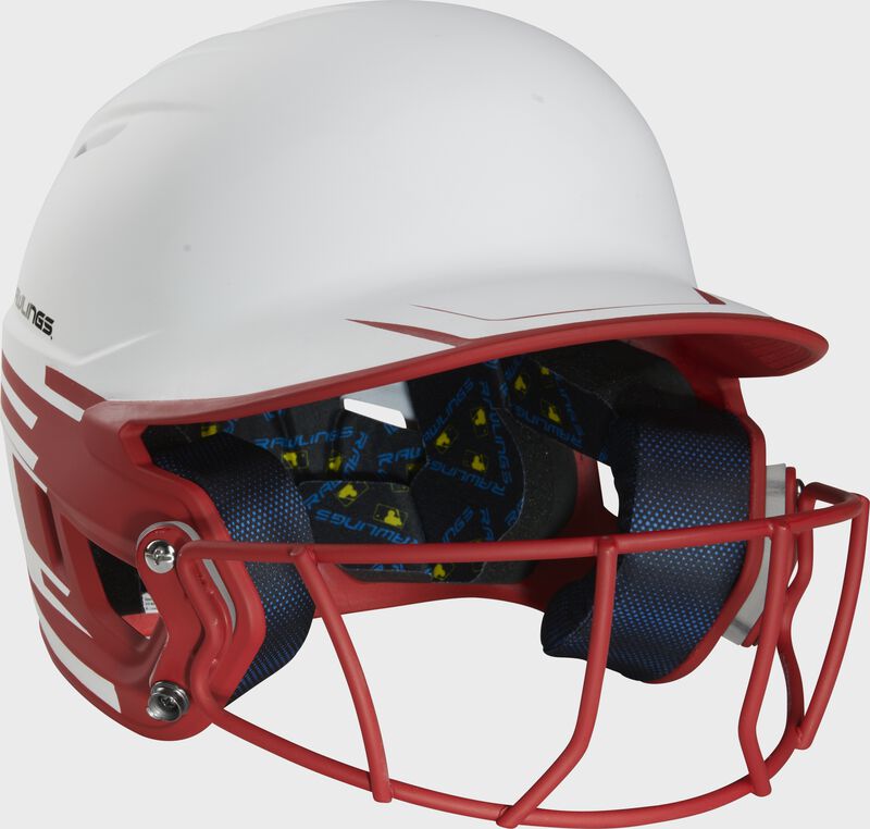 Front right-side view of Rawlings Mach Ice Softball Batting Helmet, Scarlet - SKU: MSB13 loading=
