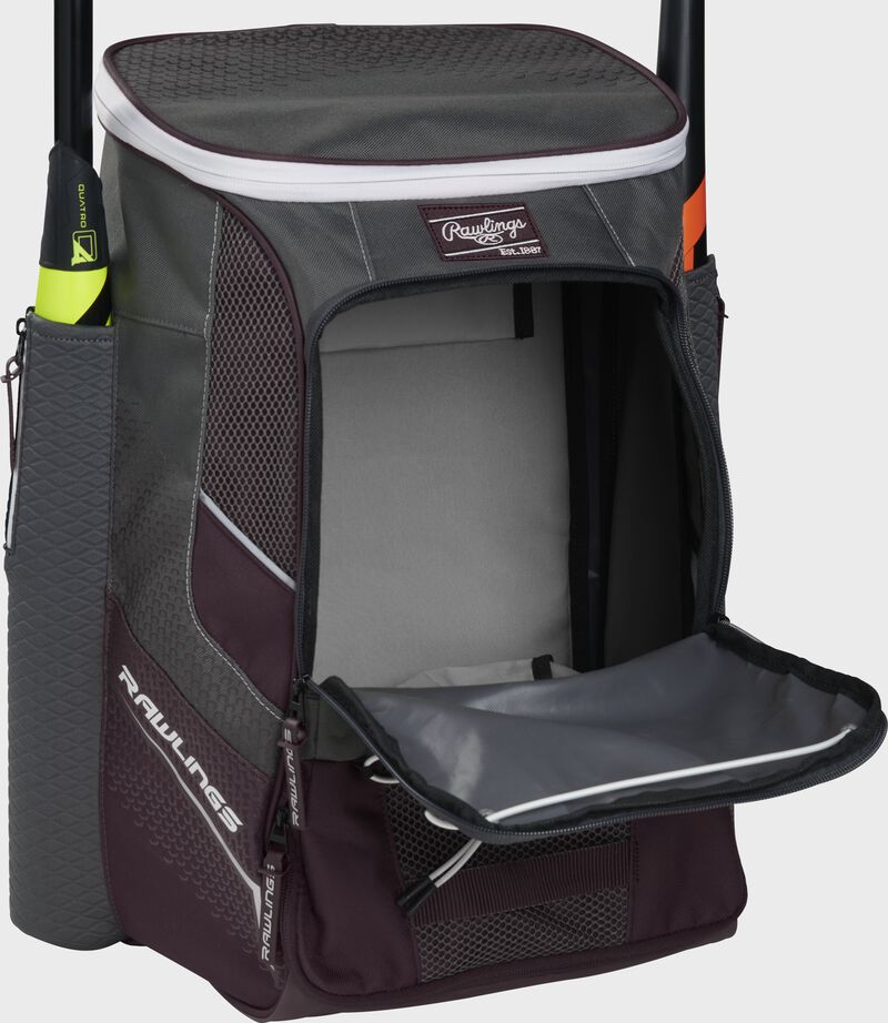 Front of a maroon Rawlings Impulse backpack with the main compartment open - SKU: IMPLSE-MA loading=