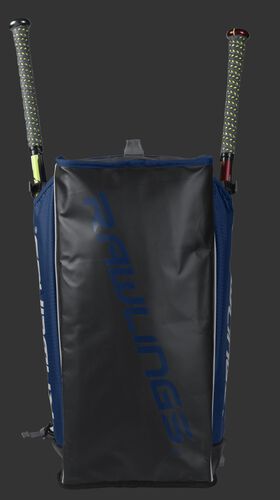 Bottom of a navy R601 Hybrid backpack with a navy Rawlings logo printed across the bottom