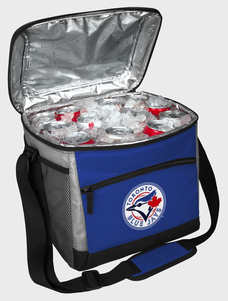 An open Toronto Blue Jays 24 can cooler with ice and drinks