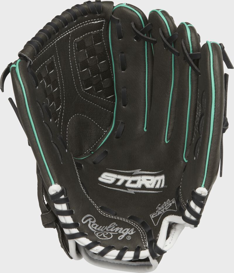 Palm view of a black ST1150FPM Rawlings 11.5-inch softball infield glove with a black palm, black laces and Sure Catch design