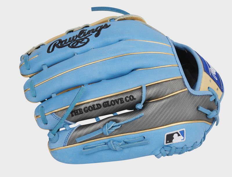Hyper Shell trim on the columbia blue finger backs of a Heart of the Hide outfield glove - SKU: PROBH3-6CCBG