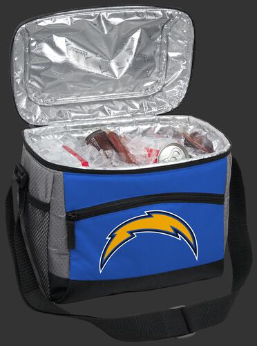 An open Las Angeles Chargers 12 can cooler filled with ice and drinks - SKU: 10111083112