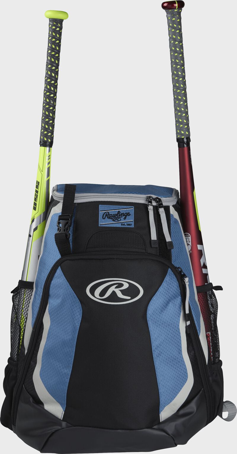 A black/columbia blue R500 Rawlings equipment backpack with a bat on each side