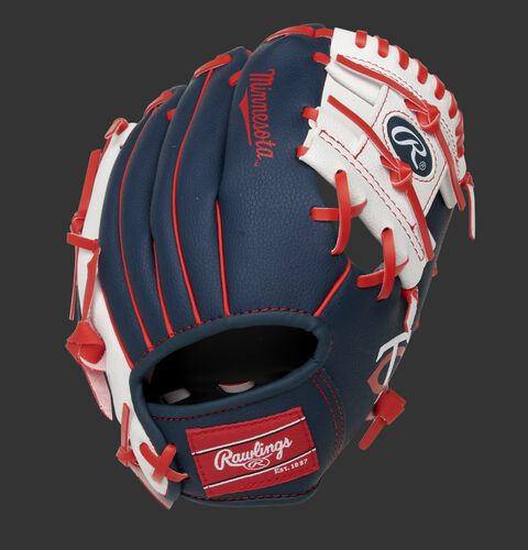 Back of a navy, white & red Minnesota Twins 10-Inch I-web glove with a red Rawlings patch - SKU: 22000028111