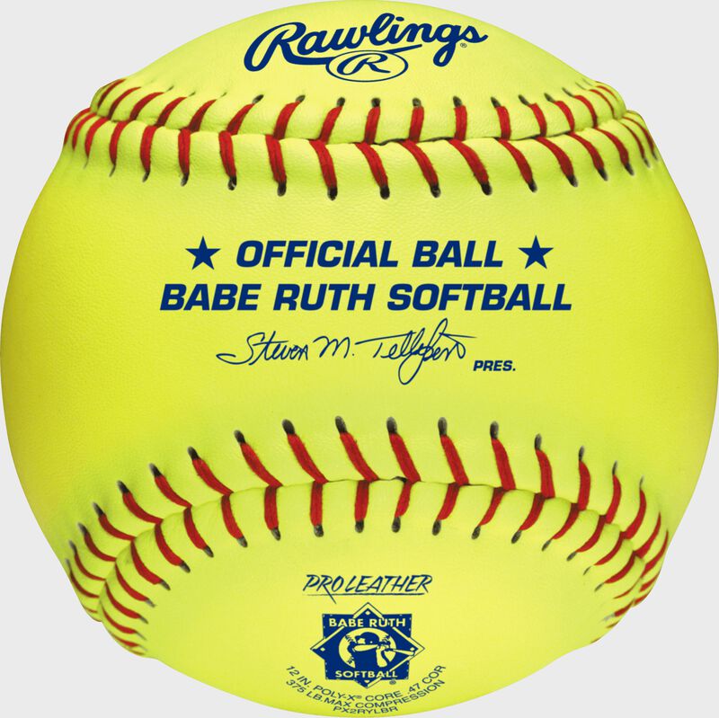 A yellow PX2RYLBR Babe Ruth official 12-inch softball with red stitching loading=