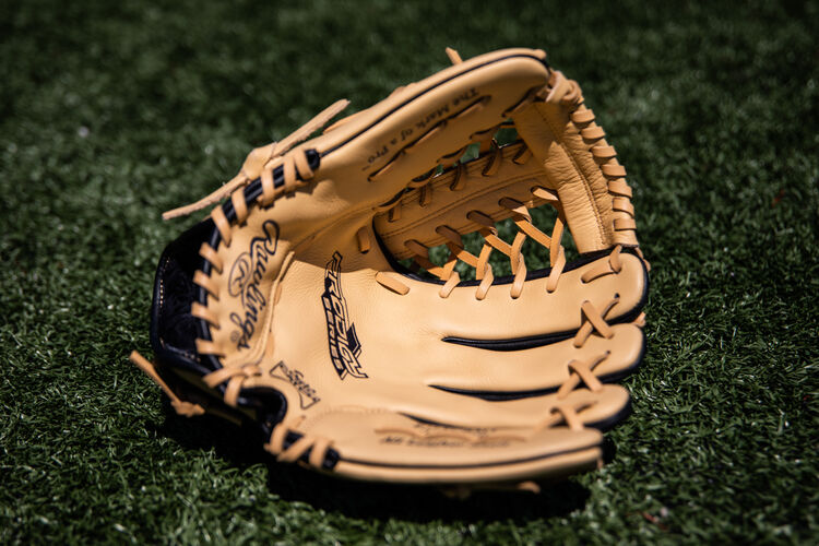 Camel palm of a Rawlings youth Prodigy glove lying on a field - SKU: P115CBMT