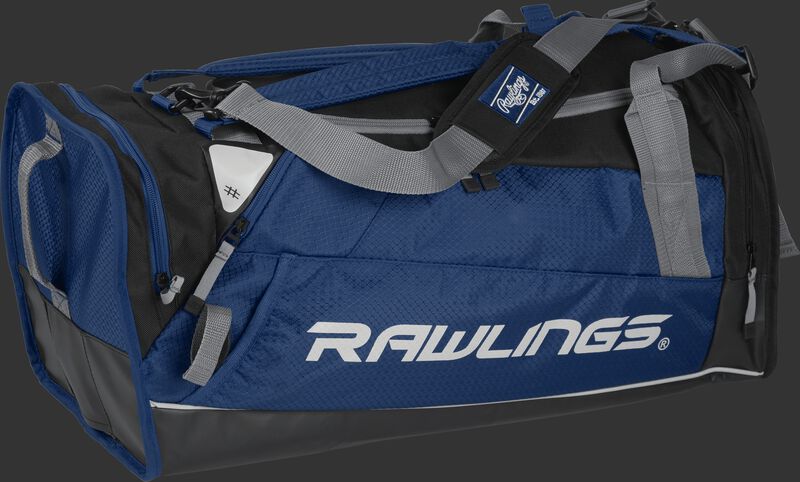 Side angle view of a navy R601 Hybrid players bag with a Rawlings logo on the side