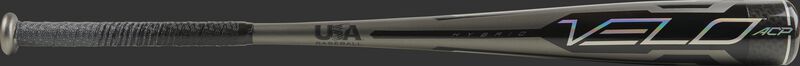 Barrel of a grey USZV5 2020 -5 Velo ACP USA bat with black and silver accents