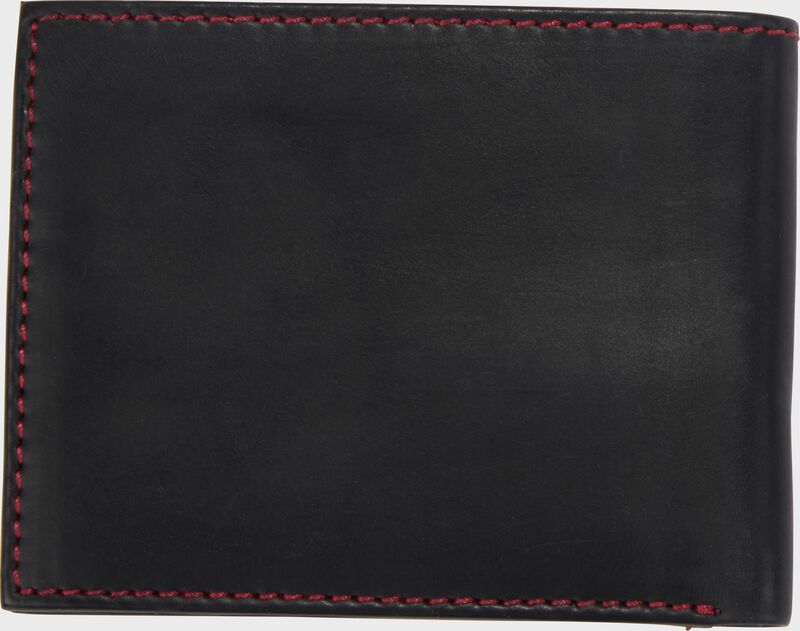 Back side of a black Rawlings Double Play bi-fold wallet