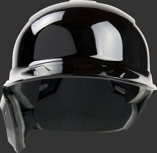 Front of a black, left handed Rawlings Mach single ear batting helmet - SKU: MSE01A-LHB