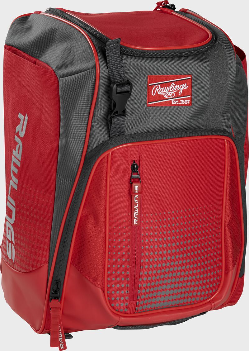 Front left angle of a scarlet Rawlings Franchise bag with gray accents - SKU: FRANBP-S
