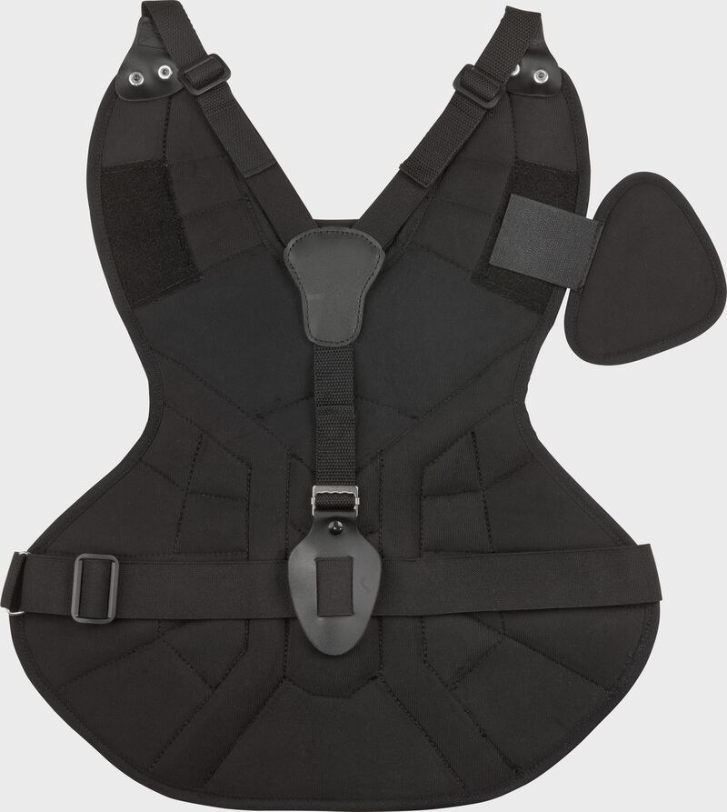 Back of a black ACACPPL Rawlings adult size Players Series chest protector