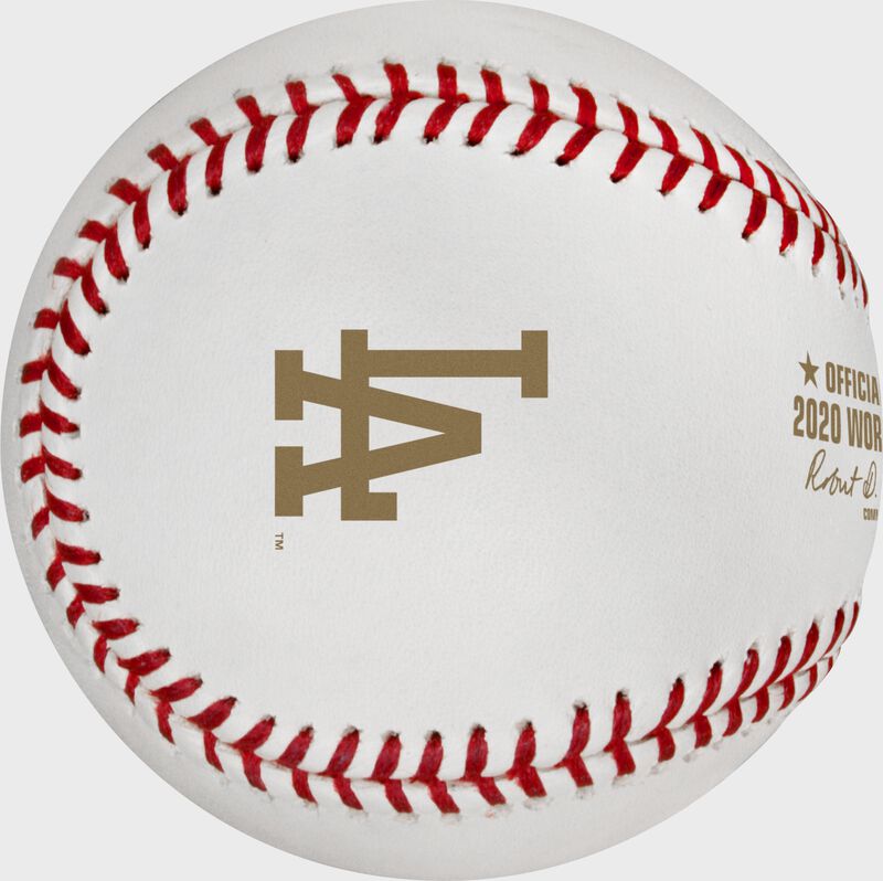 The LA Dodgers logo stamped in gold on a World Series Champions baseball - SKU: EA-WSBB20CHMP-R loading=