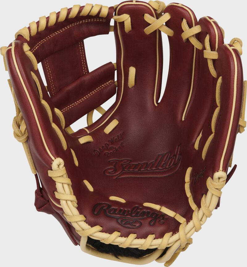 Palm of a sherry Rawlings Sandlot Series infield glove with camel laces - SKU: S1150IS