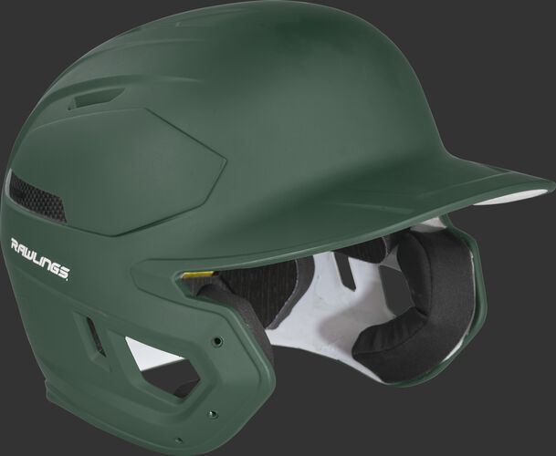 Right angle view of a dark green CAR07A Rawlings MACH Carbon batting helmet