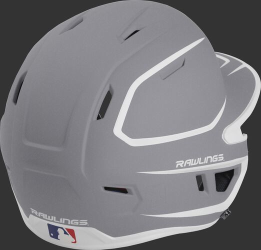 Back right of a two-tone matte silver/white MACH Rawlings senior size batting helmet