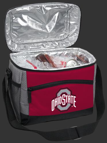 An open Ohio State Buckeyes 12 can cooler filled with ice and drinks - SKU: 10123042111