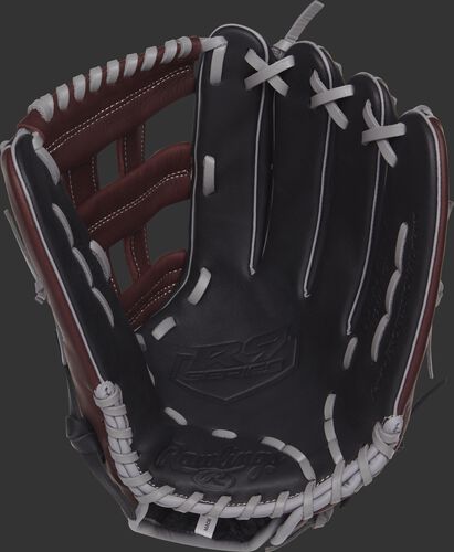 R93029-6BSG Rawlings R9 outfield glove with a black palm and grey laces