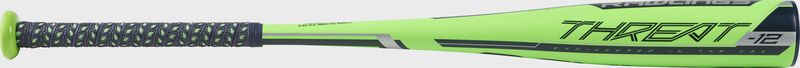 Barrel view of a US9T12 2019 Threat USA baseball bat with a green barrel, navy accents and navy grip