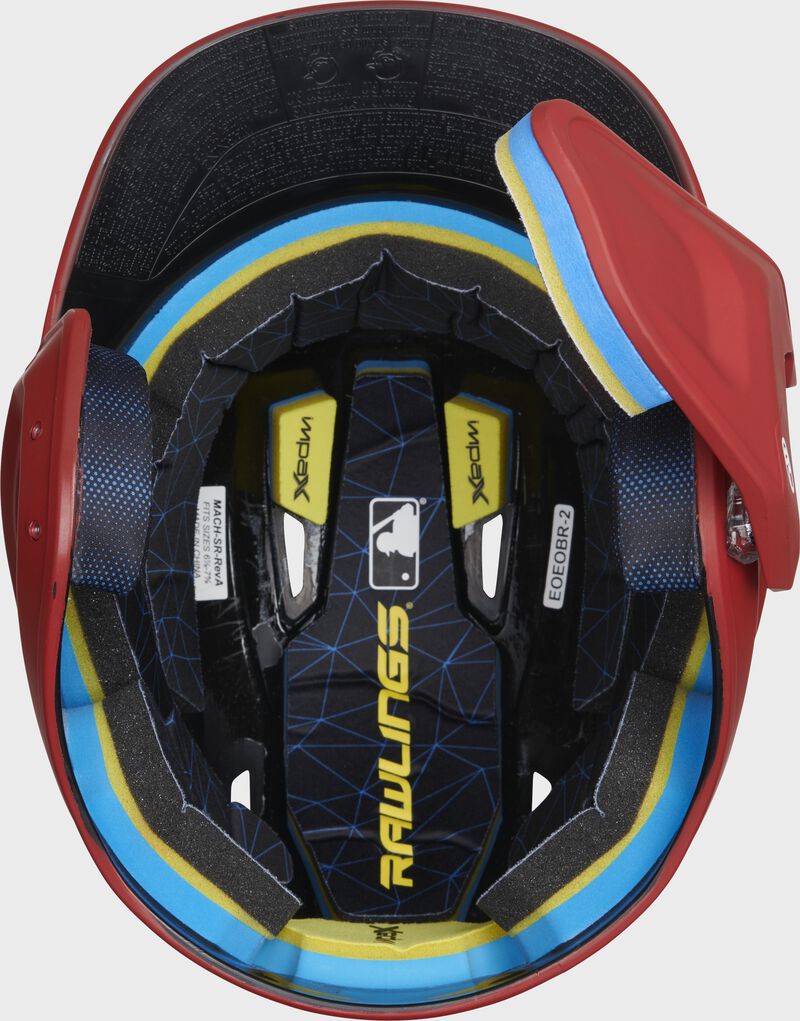 Inside view of Scarlet Rawlings Mach Carbon Batting Helmet - SKU: MAAR loading=